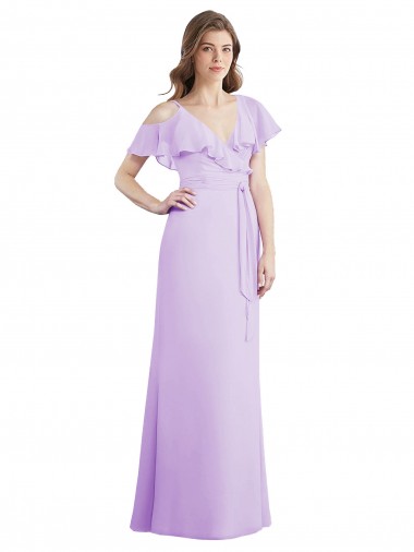 Großhandel Lila A-Linien V-Ausschnitt Chiffon Lange Brautjungfernkleider