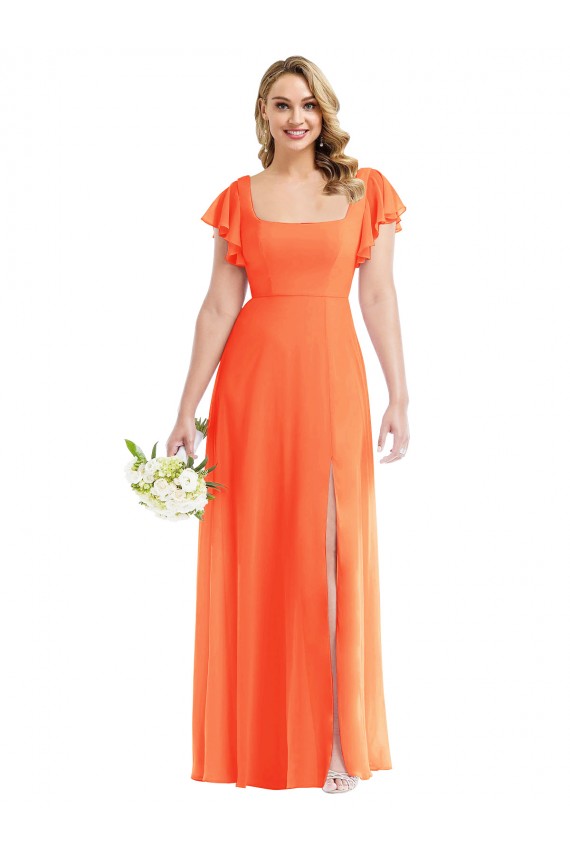 Großhandel Mandarinen-Tango A-Linien Quadrat Ausschnitt Chiffon Lange Brautjungfernkleider