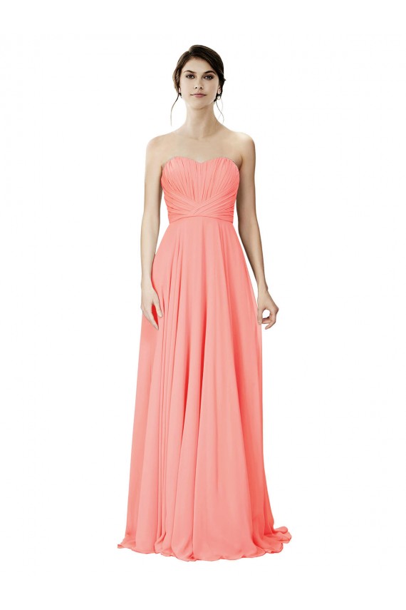 Großhandel Peach A-Linien Trägerlos Chiffon Lange Brautjungfernkleider