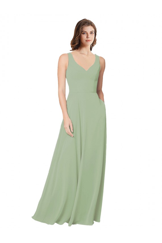 Großhandel Rauchgrün A-Linien Chiffon Lange Brautjungfernkleider
