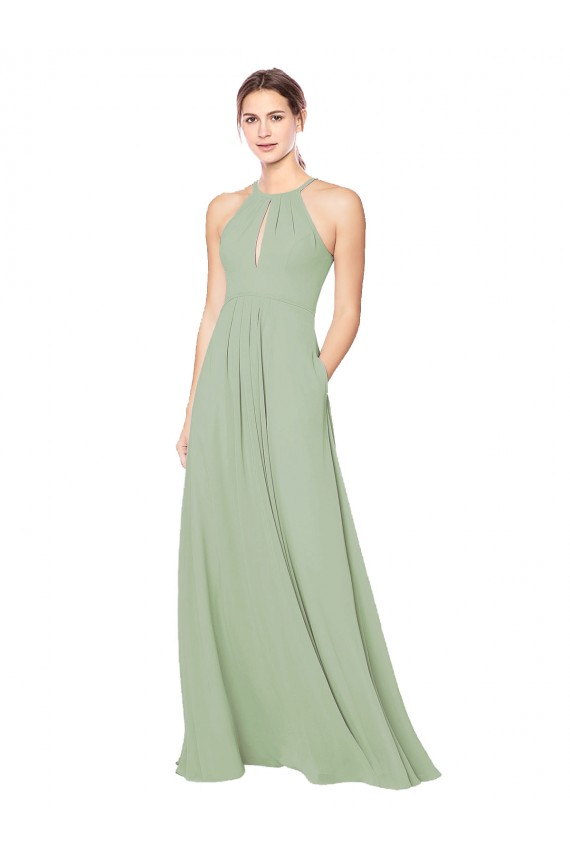 Großhandel Rauchgrün A-Linien Neckholder Chiffon Lange Brautjungfernkleider