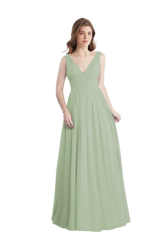 Großhandel Rauchgrün A-Linien V-Ausschnitt Chiffon Lange Brautjungfernkleider