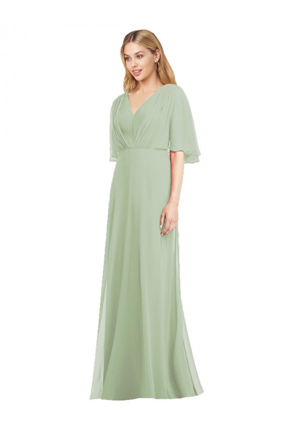 Großhandel Rauchgrün Trompete V-Ausschnitt Chiffon Lange Brautjungfernkleider
