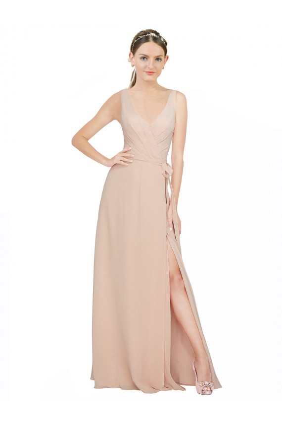 Großhandel Rosa 114 A-Linien V-Ausschnitt Chiffon Lange Brautjungfernkleider