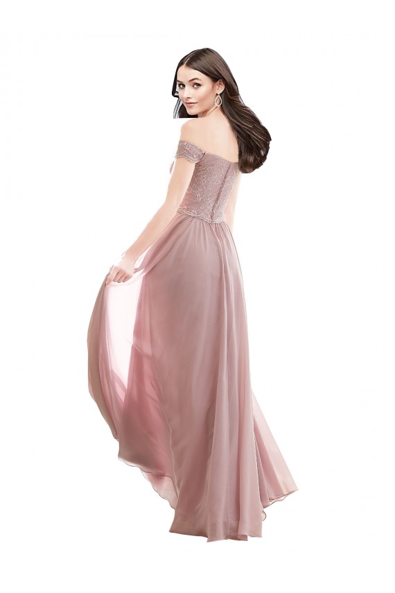 Großhandel Rosa 147 A-Linien Off-Schulter Chiffon Spitze Lange Brautjungfernkleider