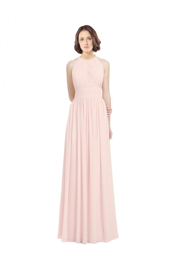 Großhandel Rosa 42 A-Linien Neckholder Chiffon Lange Brautjungfernkleider