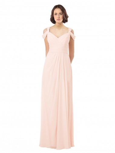 Großhandel Rosa 42 A-Linien Off-Schulter Chiffon Lange Brautjungfernkleider