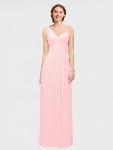 Großhandel Rosa A-Linien Eine-Schulter Chiffon Lange Brautjungfernkleider