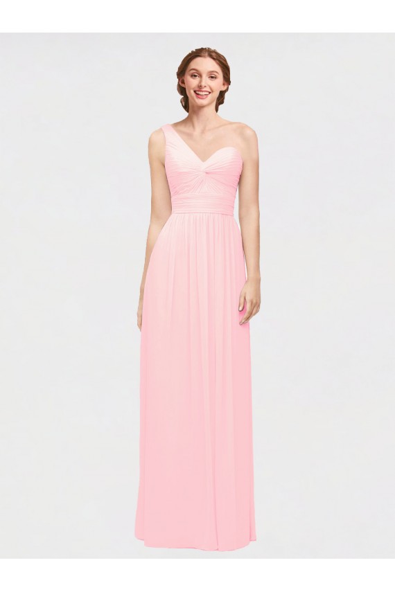 Großhandel Rosa A-Linien Eine-Schulter Chiffon Lange Brautjungfernkleider