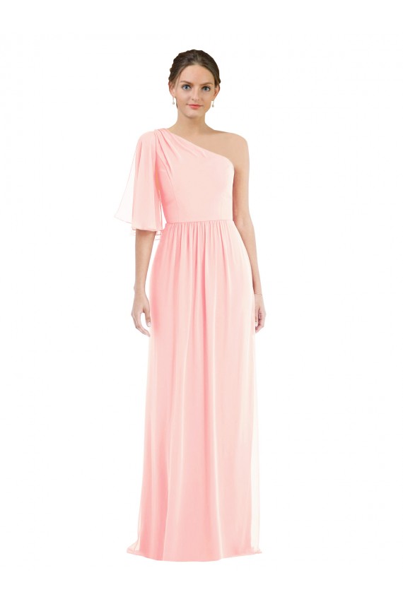 Großhandel Rosa A-Linien Eine-Schulter Chiffon Lange Brautjungfernkleider