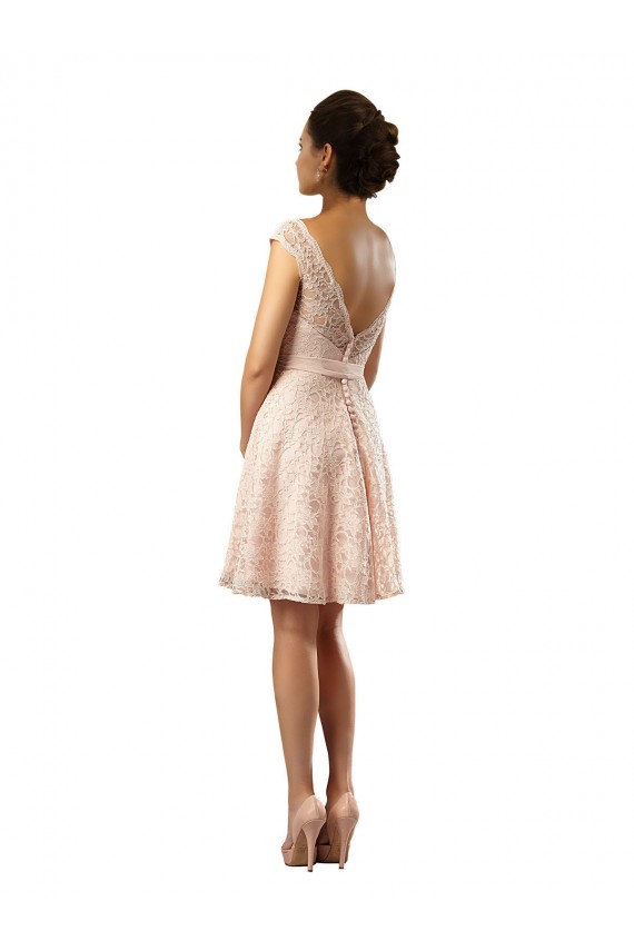 Großhandel Rosa A-Linien Illusion Ausschnitt Knielang Chiffon Spitze Kurze Brautjungfernkleider
