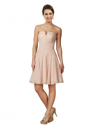 Großhandel Rosa A-Linien Knielang Chiffon Spitze Kurze Brautjungfernkleider / Cocktailkleider