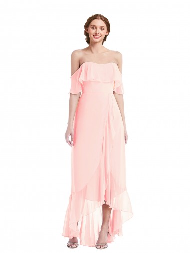 Großhandel Rosa A-Linien Off-Schulter Chiffon Lange Brautjungfernkleider