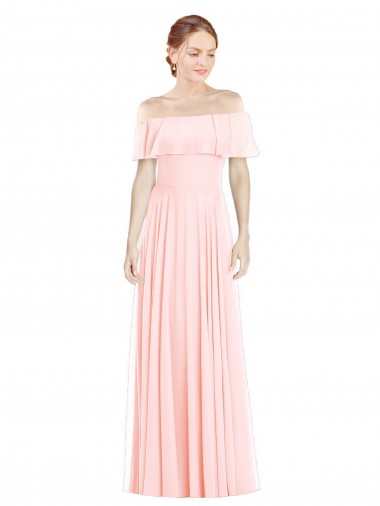 Großhandel Rosa A-Linien Off-Schulter Quadrat Ausschnitt Chiffon Lange Brautjungfernkleider