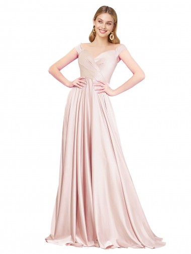 Großhandel Rosa A-Linien Off-Schulter Satin Lange Formale Brautjungfernkleider / Abendkleider / Abiballkleider