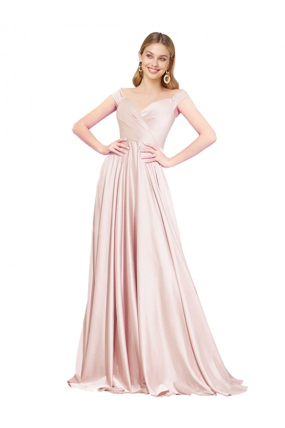 Großhandel Rosa A-Linien Off-Schulter Satin Lange Formale Brautjungfernkleider / Abendkleider / Abiballkleider