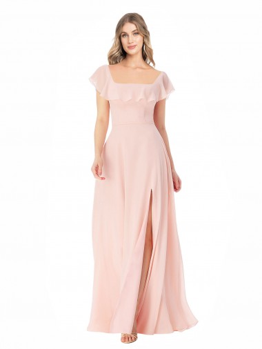 Großhandel Rosa A-Linien Quadrat Ausschnitt Chiffon Lange Brautjungfernkleider