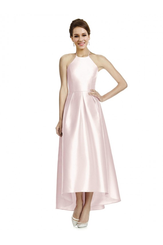 Großhandel Rosa A-Linien Spaghetti-Träger Neckholder Satin Lange Brautjungfernkleider