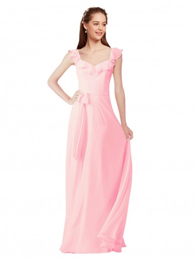 Großhandel Rosa A-Linien V-Ausschnitt Chiffon Lange Brautjungfernkleider