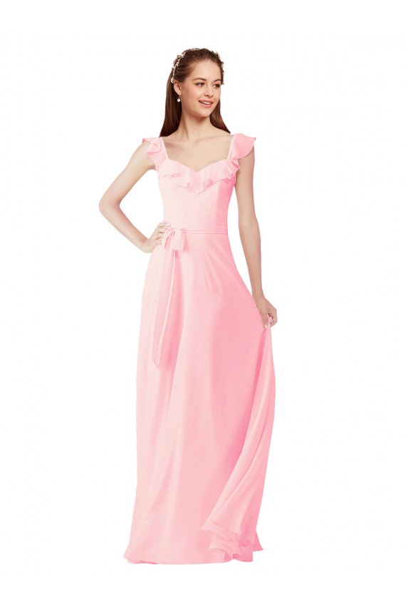 Großhandel Rosa A-Linien V-Ausschnitt Chiffon Lange Brautjungfernkleider