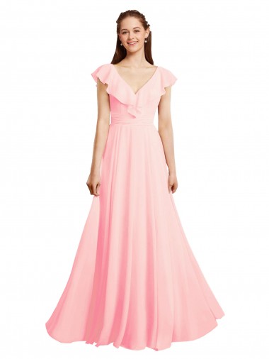 Großhandel Rosa A-Linien V-Ausschnitt Chiffon Lange Brautjungfernkleider