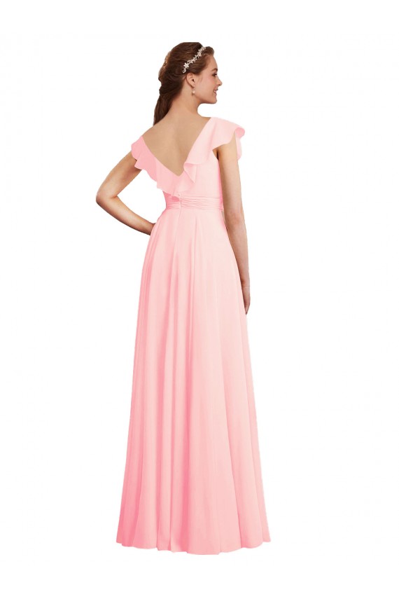 Großhandel Rosa A-Linien V-Ausschnitt Chiffon Lange Brautjungfernkleider