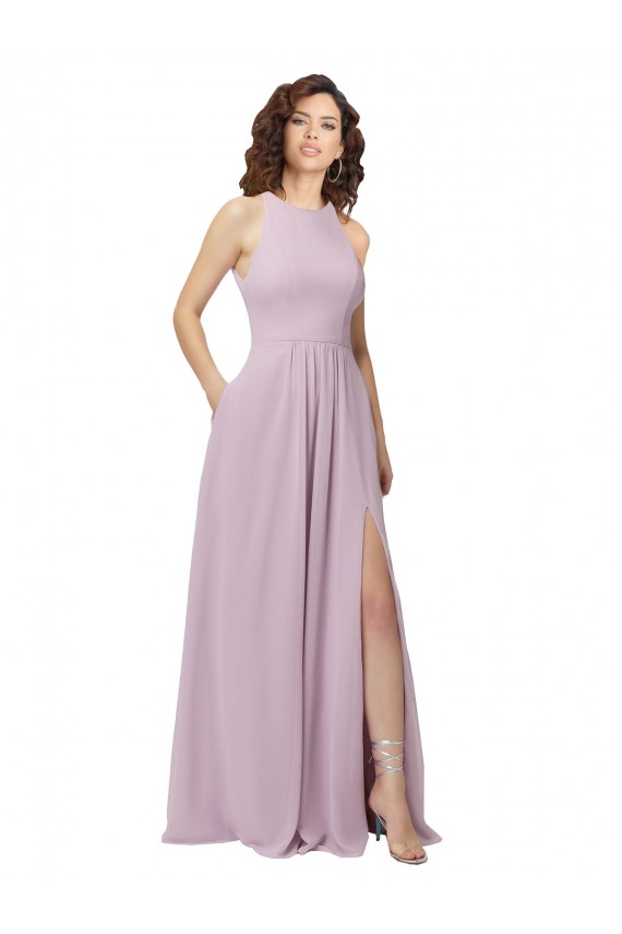 Großhandel Rosa Leuchten A-Linien Neckholder Stehkragen Ausschnitt Chiffon Lange Brautjungfernkleider