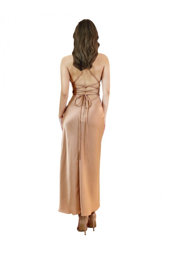Großhandel Roségold Etui Haube Ausschnitt Midi Seidiger Satin Kurze Formale Brautjungfernkleider / Abendkleider / Abiballkleider / Cocktailkleider / Heimkehr Kleider