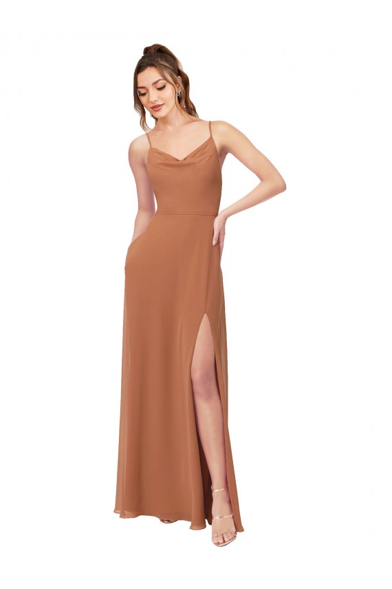 Großhandel Rosenholz A-Linien Haube Ausschnitt Chiffon Lange Brautjungfernkleider