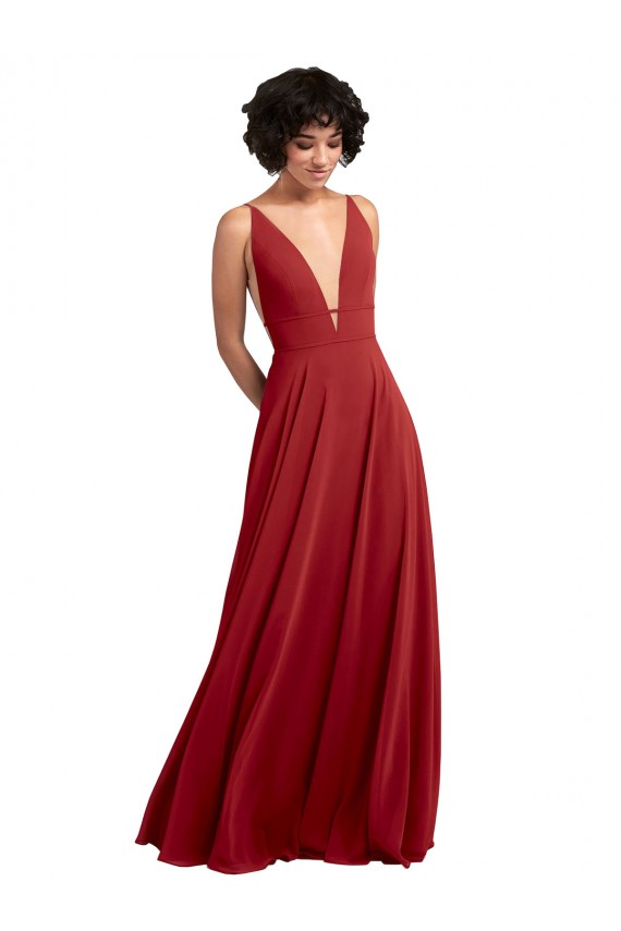Großhandel Rot A-Linien V-Ausschnitt Chiffon Lange Brautjungfernkleider