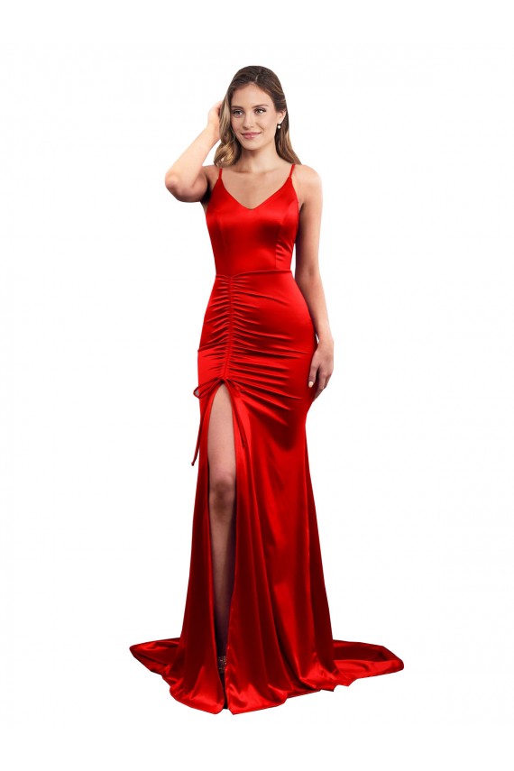 Großhandel Rot Meerjungfrau Stretch-Satin Lange Formale Brautjungfernkleider / Abendkleider / Abiballkleider