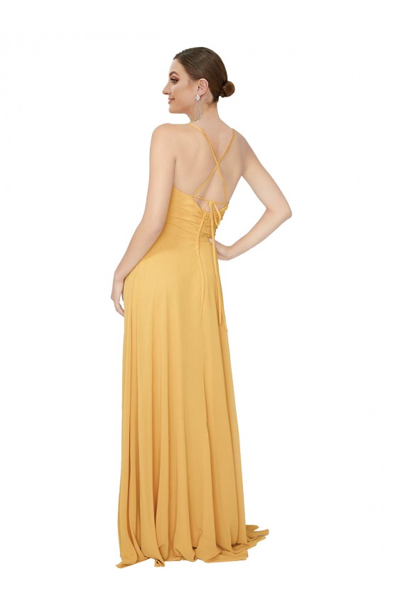 Großhandel Safran A-Linien V-Ausschnitt Chiffon Lange Brautjungfernkleider