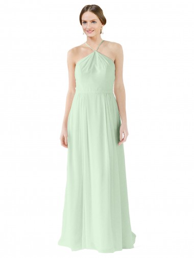 Großhandel Salbeigrün A-Linien Neckholder Chiffon Lange Brautjungfernkleider