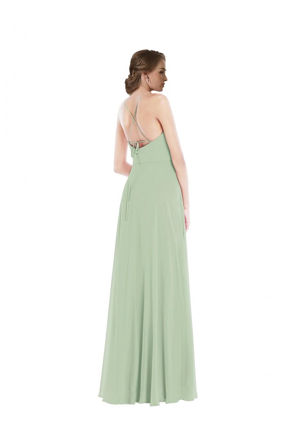 Großhandel Salbeigrün A-Linien Scoop Chiffon Lange Brautjungfernkleider