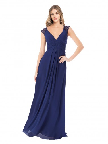 Großhandel Saphir A-Linien V-Ausschnitt Chiffon Lange Brautjungfernkleider