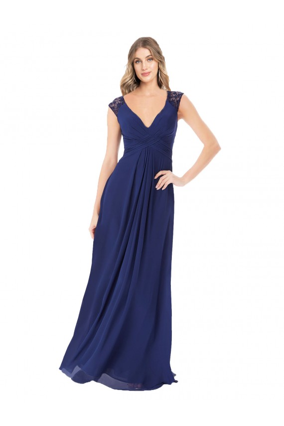 Großhandel Saphir A-Linien V-Ausschnitt Chiffon Lange Brautjungfernkleider