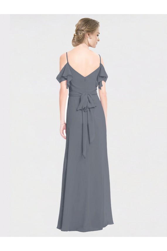 Großhandel Schiefergrau A-Linien Off-Schulter V-Ausschnitt Chiffon Lange Brautjungfernkleider