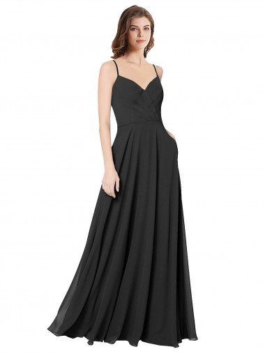 Großhandel Schwarz A-Linien Chiffon Lange Brautjungfernkleider