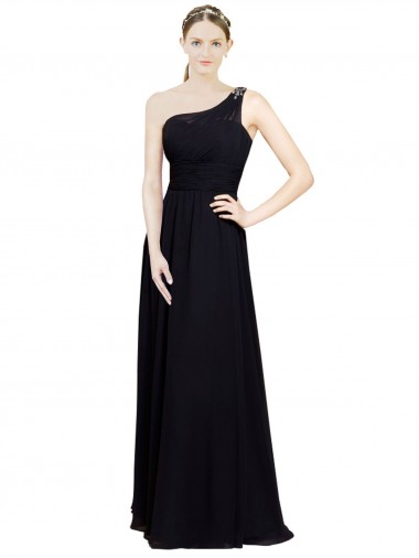 Großhandel Schwarz A-Linien Eine-Schulter Chiffon Lange Brautjungfernkleider
