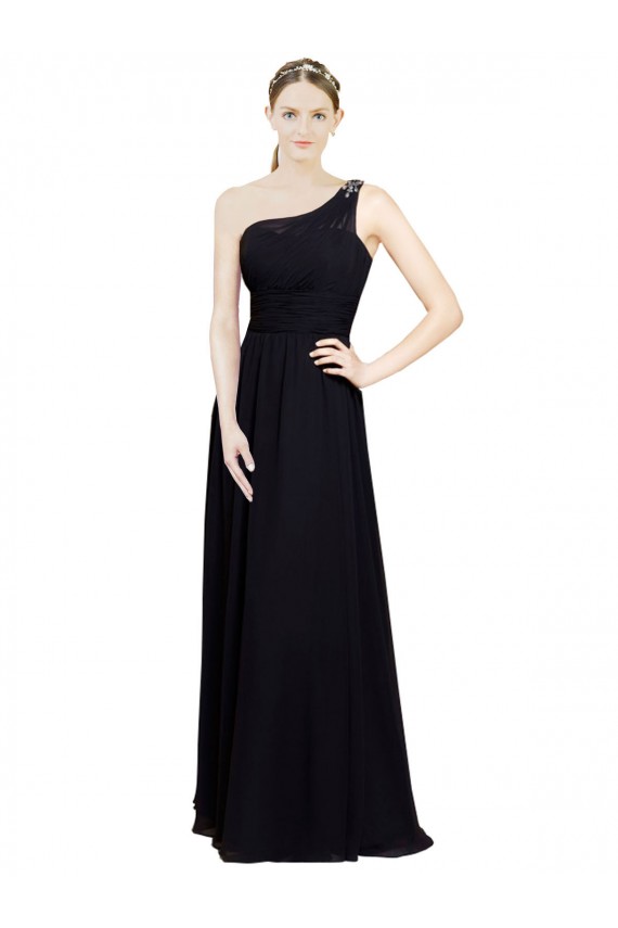 Großhandel Schwarz A-Linien Eine-Schulter Chiffon Lange Brautjungfernkleider