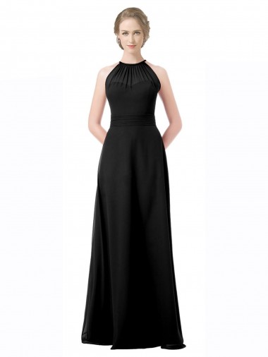 Großhandel Schwarz A-Linien Neckholder Chiffon Lange Brautjungfernkleider