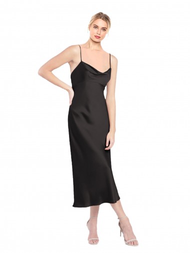 Großhandel Schwarz A-Linien Spaghetti-Träger Haube Ausschnitt Midi Stretch-Satin Kurze Formale Brautjungfernkleider / Abendkleider / Abiballkleider / Cocktailkleider / Heimkehr Kleider