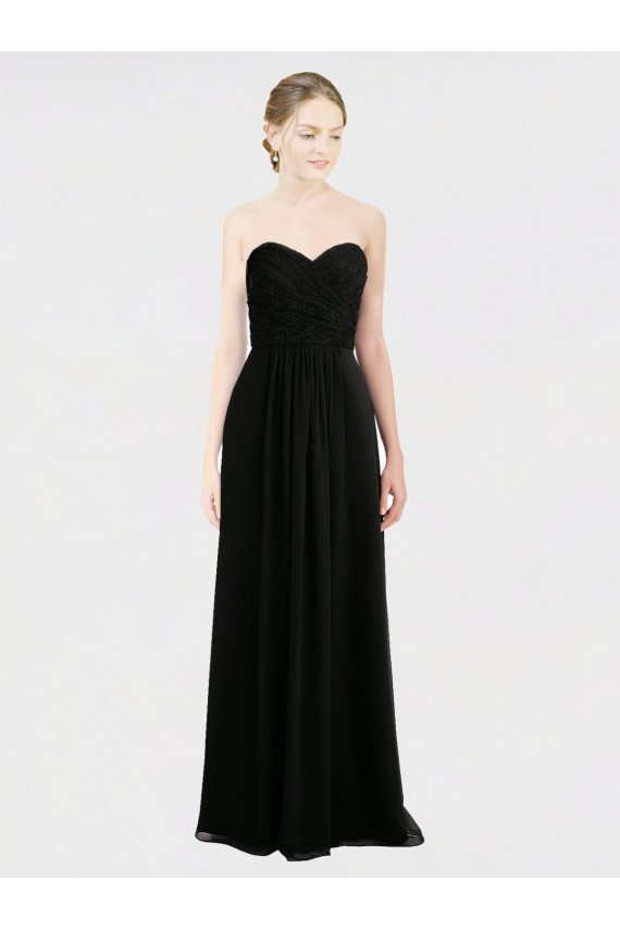 Großhandel Schwarz A-Linien Trägerlos Chiffon Spitze Lange Brautjungfernkleider