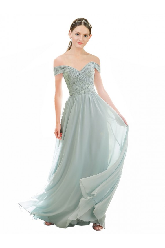 Großhandel Seeglas A-Linien Off-Schulter Chiffon Spitze Lange Brautjungfernkleider