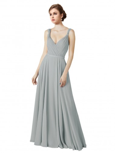 Großhandel Silber A-Linien V-Ausschnitt Chiffon Lange Brautjungfernkleider
