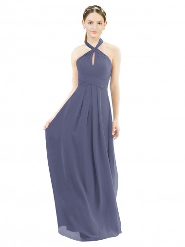 Großhandel Silberner Stein A-Linien Neckholder Chiffon Lange Brautjungfernkleider