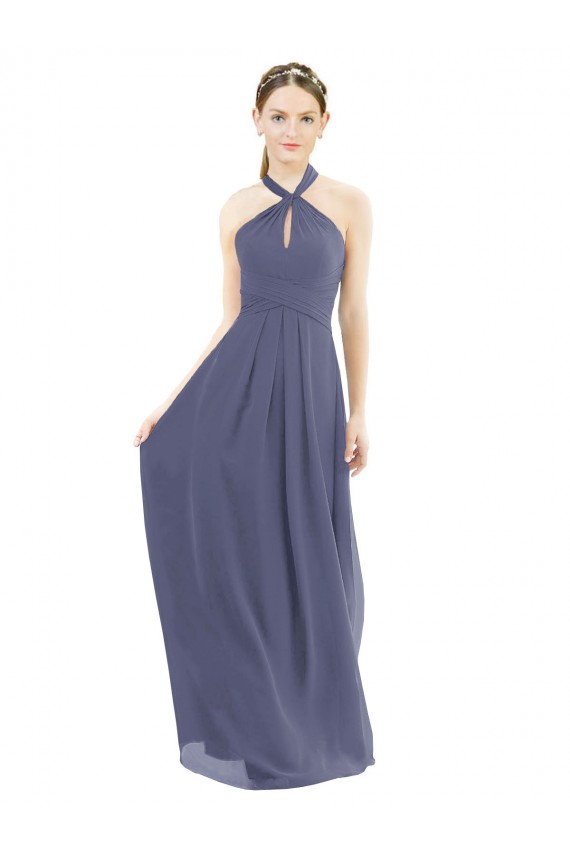 Großhandel Silberner Stein A-Linien Neckholder Chiffon Lange Brautjungfernkleider