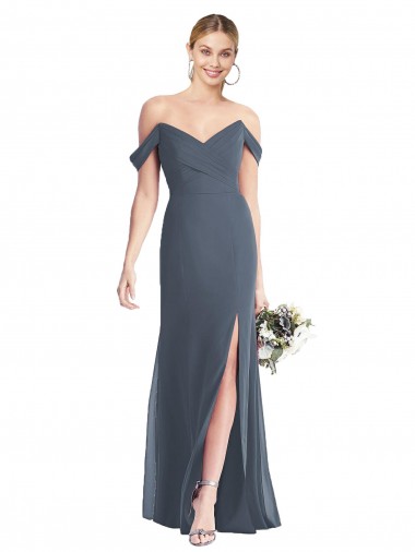 Großhandel Silberner Stein Trompete Off-Schulter Chiffon Lange Brautjungfernkleider