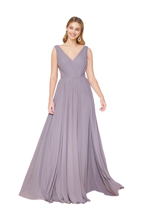 Großhandel Staubige Rose A-Linien V-Ausschnitt Chiffon Lange Formale Brautjungfernkleider / Abendkleider / Abiballkleider