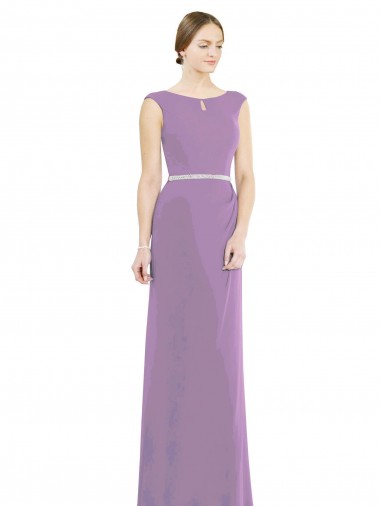 Großhandel Staubiger Lavendel A-Linien Bootshals Stehkragen Ausschnitt Chiffon Lange Brautjungfernkleider